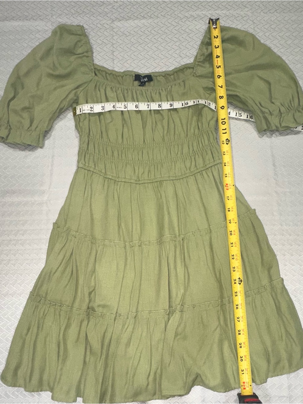 Trixxi Olive Smocked Puff Sleeve Tiered Mini Dress
